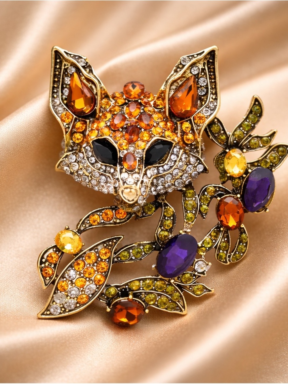 Luxury Fox Amber Crystal & Multicolor Rhinestone Brooch